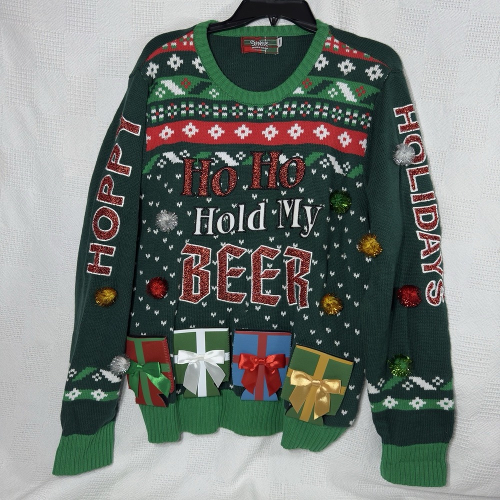 Spencer's Ho Ho Hold My Beer Ugly Sweater Men's Hoppy Holiday Large Lights/Sound